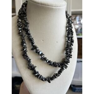 Grey Shinny Hematite Gemstone Crystal Chip Nugget 34” Necklace Long